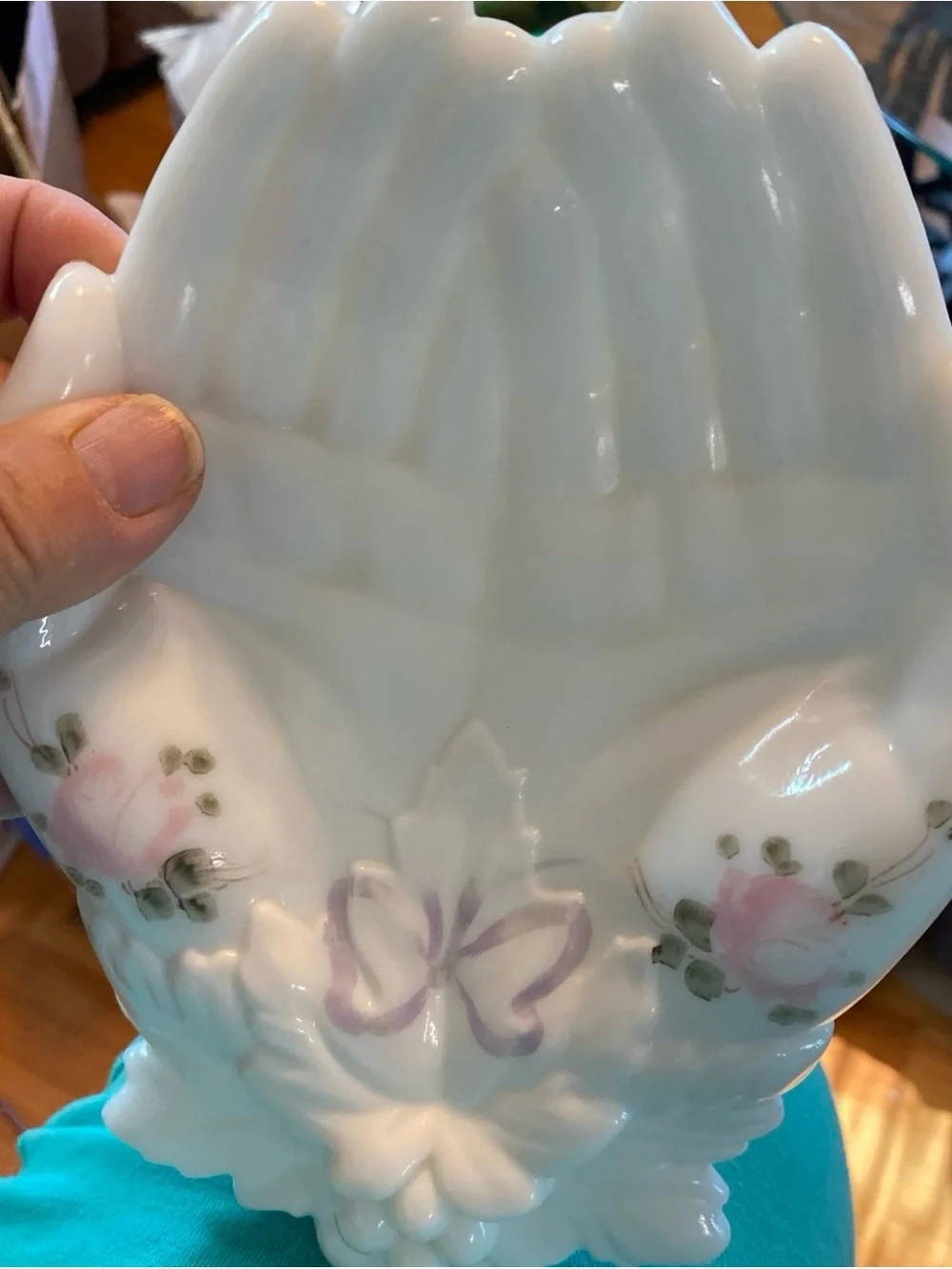 Westmoreland White Milk Glass Hand-Shaped Dish with Pink Rose Accents